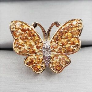 Genuine Citrine & Diamond 14k Yellow Gold / 925 Sterling Silver Butterfly Ring
